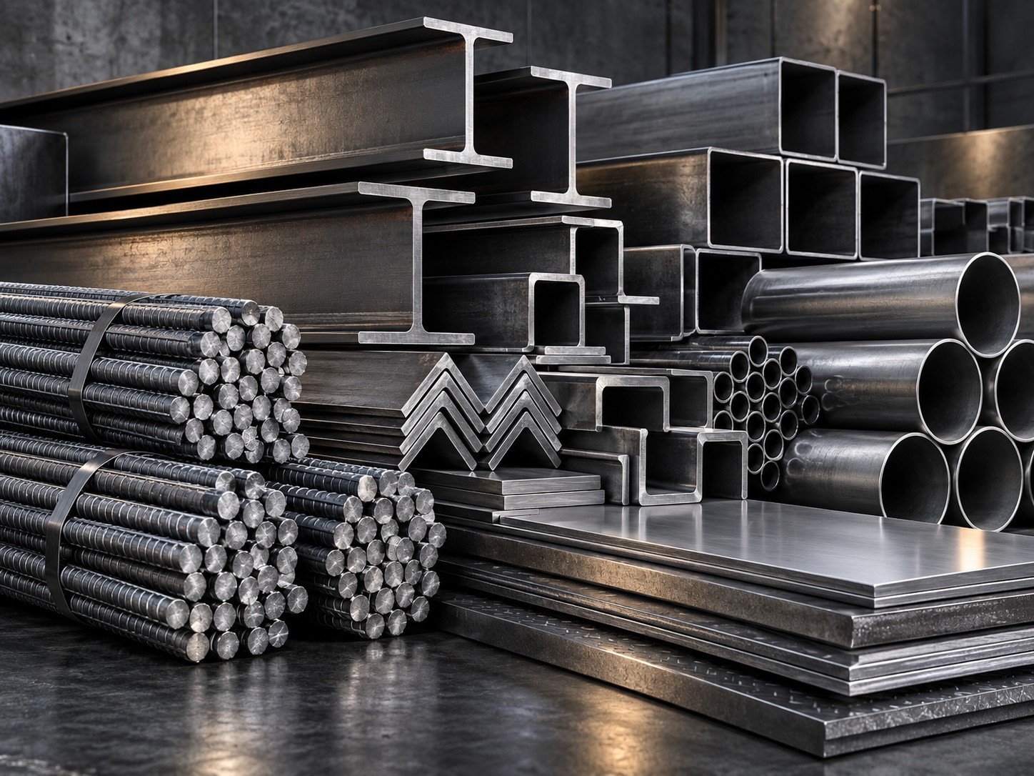 Commercial steel range including rebar, beams, sections, sheets, plates, pipes and tubes